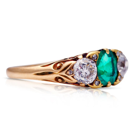 Untreated Antique Victorian, 18ct gold, Colombian Emerald and Diamond Ring