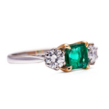 Untreated Antique Vintage, 18ct White Gold, Emerald and Diamond Three Stone Ring