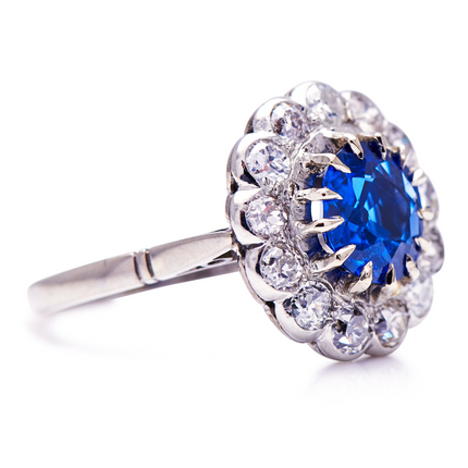 Untreated Vintage Antique Art Deco, 18ct White Gold, Burmese Sapphire and Diamond Engagement Ring 3