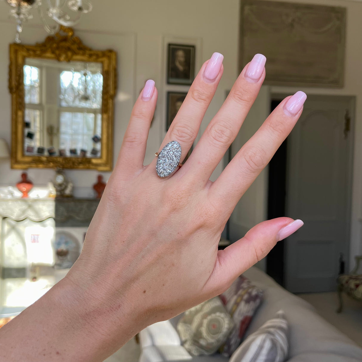 Victorian diamond panel navette ring, worn on hand.