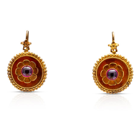 Victorian-Garnet-Earrings-Flower-Daisy-Yellow-Gold-Dangle-Drop