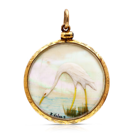 Antique | Victorian, Natural Peacock and Egret Feather Pendant, Yellow Gold