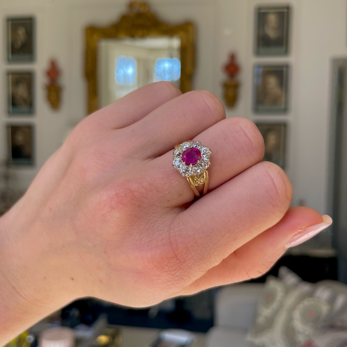 Edwardian oval Burmese pink sapphire & diamond engagement cluster ring