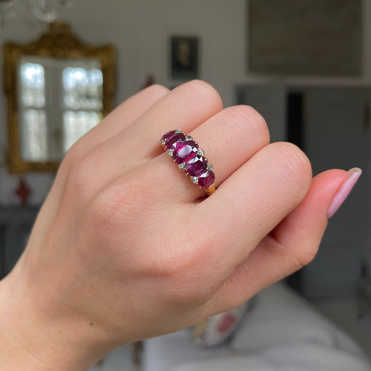 Victorian 18ct Gold Ruby and Diamond Five Stone Ring Antique