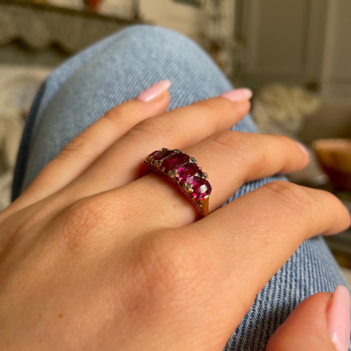 Victorian 18ct Gold Ruby and Diamond Five Stone Ring Antique