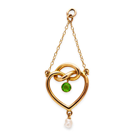 Lovers-Knot-Garnet-Pearl-Heart-Pendant-Edwardian-15-Carat-Yellow-Gold-Vintage