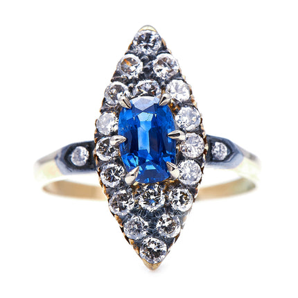 Edwardian, 14ct Gold, Sapphire and Diamond Navette Cluster Ring  Antique_Rings | Vintage_rings | Antique Engagement Rings | Antique Ring Boutique | Vintage Engagement Rings | Antique Engagement Rings | Antique Jewellery company | Vintage Jewellery 