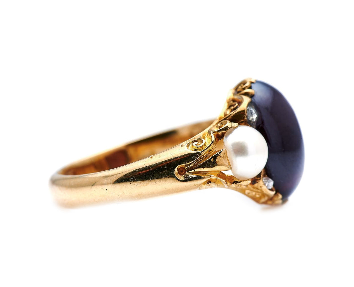 Victorian, 18ct Gold, Cabochon Garnet and Natural Pearl Ring| Antique Rings | Antique Ring Boutique | Vintage Engagement Rings | Antique Engagement Rings