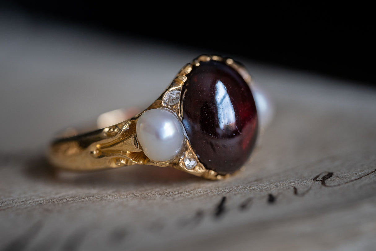 Victorian, 18ct Gold, Cabochon Garnet and Natural Pearl Ring| Antique Rings | Antique Ring Boutique | Vintage Engagement Rings | Antique Engagement Rings