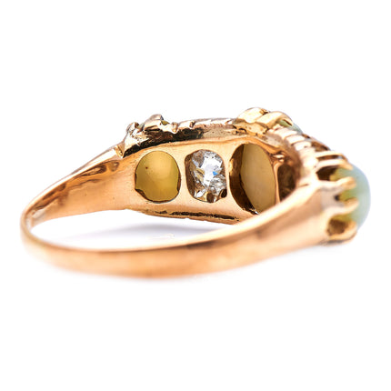 Victorian, 18ct Gold, Cats-Eye Chrysoberyl and Diamond Five-Stone Ring | Antique Rings | Antique Ring Boutique | Vintage Engagement Rings | Antique Engagement Rings