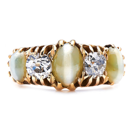 Victorian, 18ct Gold, Cats-Eye Chrysoberyl and Diamond Five-Stone Ring | Antique Rings | Antique Ring Boutique | Vintage Engagement Rings | Antique Engagement Rings