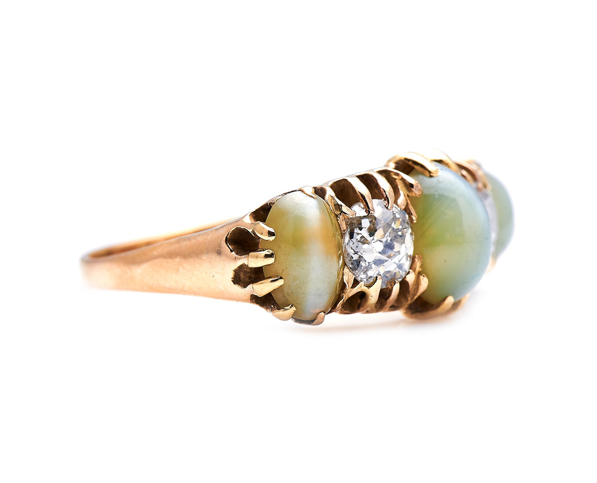 Victorian, 18ct Gold, Cats-Eye Chrysoberyl and Diamond Five-Stone Ring | Antique Rings | Antique Ring Boutique | Vintage Engagement Rings | Antique Engagement Rings