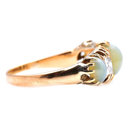 Victorian, 18ct Gold, Cats-Eye Chrysoberyl and Diamond Five-Stone Ring | Antique Rings | Antique Ring Boutique | Vintage Engagement Rings | Antique Engagement Rings