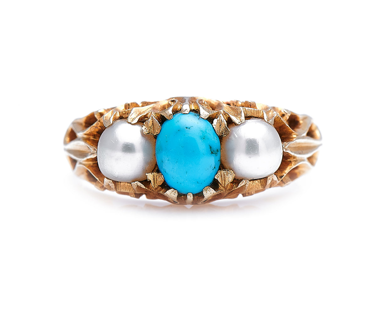 Victorian-Ring-Turquoise-Pearl-Natural-18-Carat-Gold-Antique-Jewellery-Three-Stone
