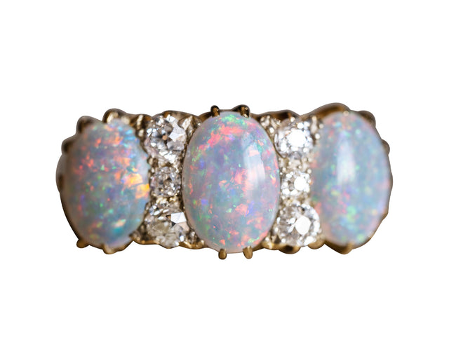 Opal-Gold-Diamond-Victorian-18-Carat-Gold-Three-Stone-Ring-Vintage-Antique