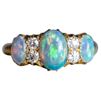 Opal-Gold-Diamond-Victorian-18-Carat-Gold-Three-Stone-Ring-Vintage-Antique