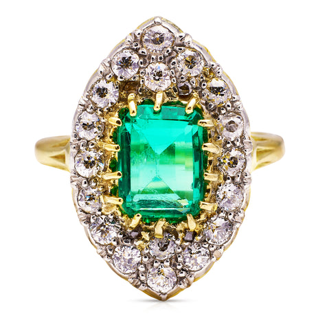 Emerald-Diamond-Navette-Ring-Art-Deco-Vintage-18ct-Yellow-Gold