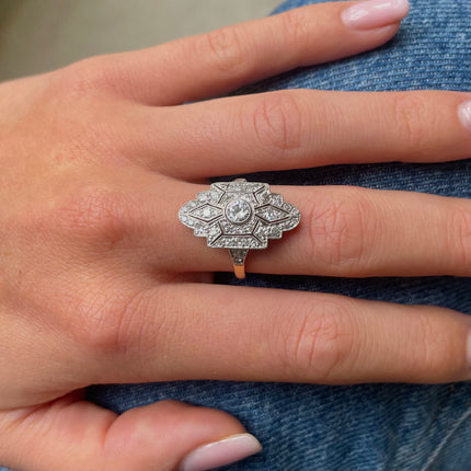 Swedish Art Deco Diamond Navette Plaque Engagement Ring, 18ct Gold, Platinum