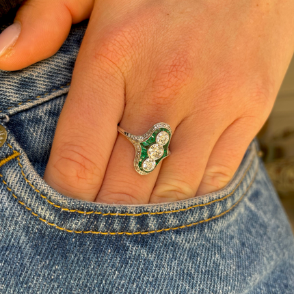 Antique Emerald |  Art Deco Emerald and Diamond Ring, Platinum