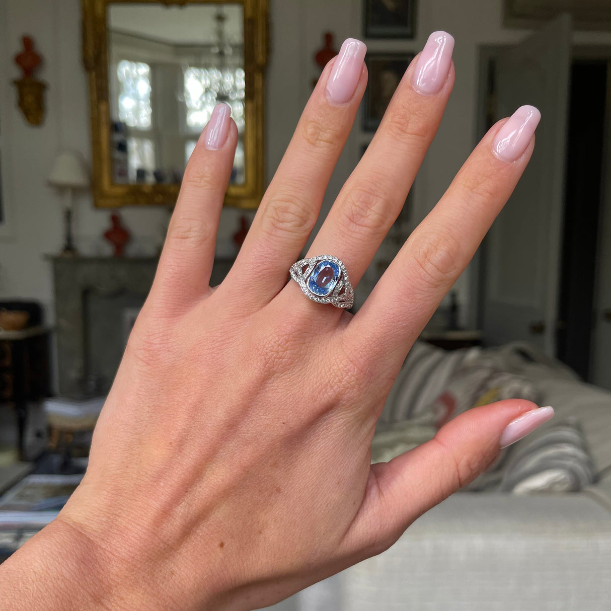 Silver and sale sapphire engagement ring