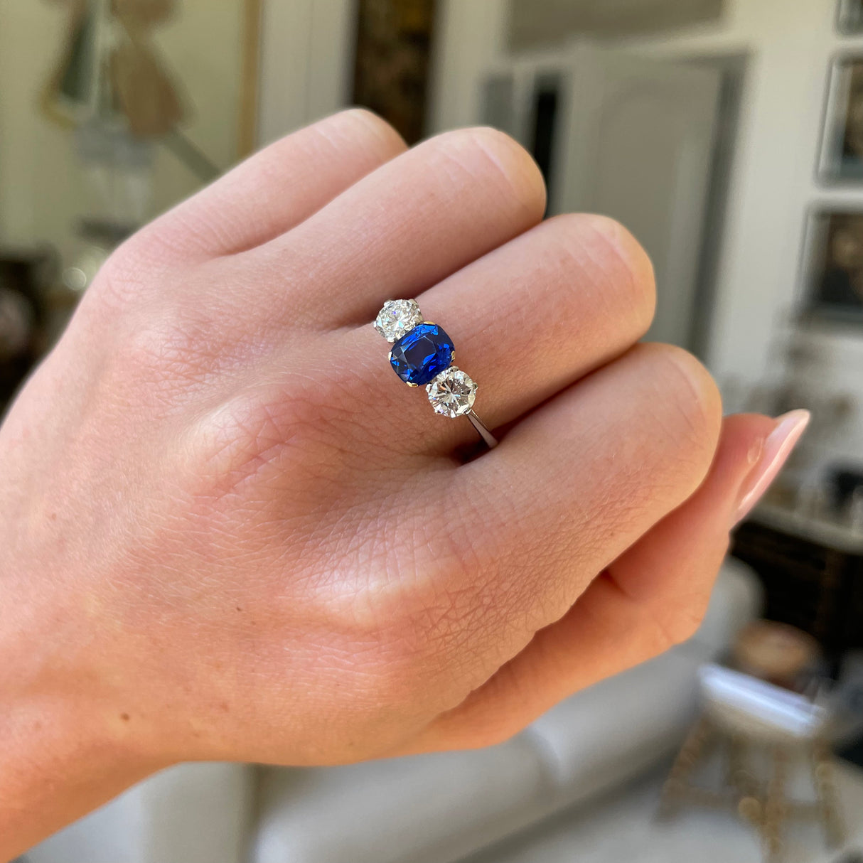 Sold vintage platinum ceylon sapphire diamond three stone ring Antique Ring Boutique