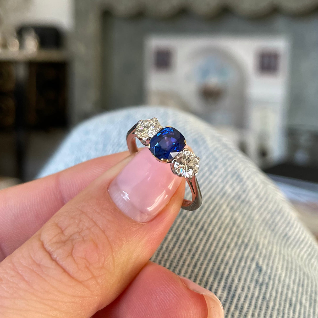 Sold! vintage, platinum, ceylon sapphire & diamond three stone ring