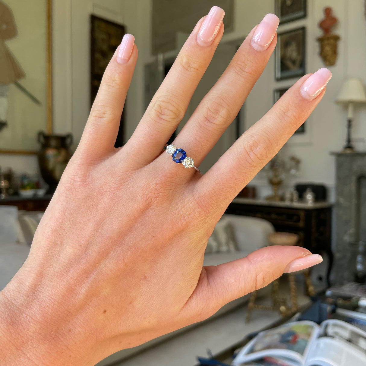 Sold! vintage, platinum, ceylon sapphire & diamond three stone ring