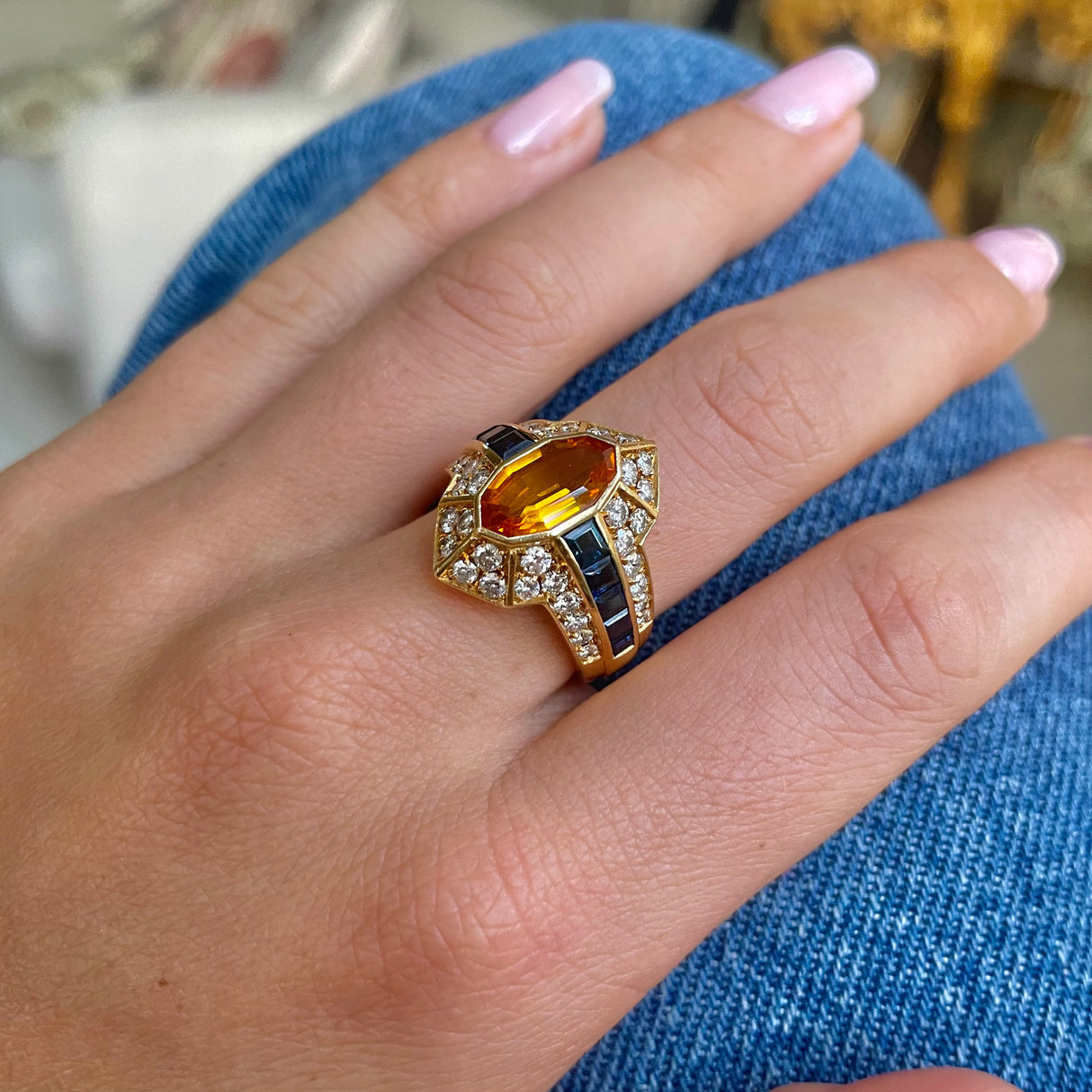 Vintage chaumet | orange sapphire, diamond and blue sapphire cocktail ring, signed