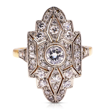 Art-Deco-Diamond-Navette-Plaque-Engagement-Ring-18ct-Gold-Platinum