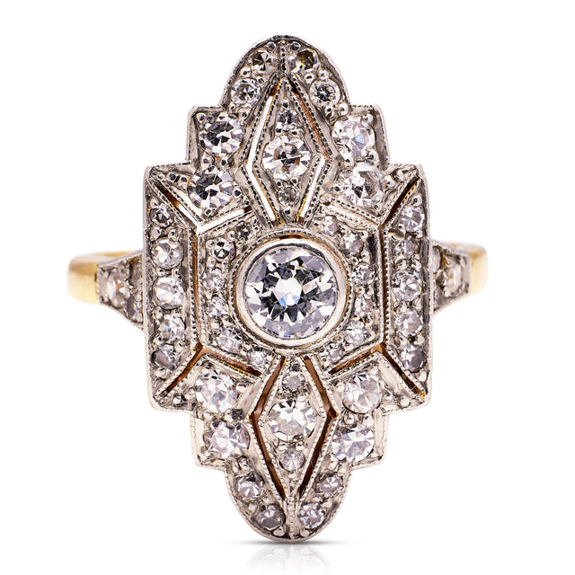 Art Deco diamond navette engagement ring, front view. 