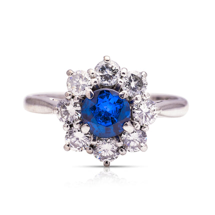 Sapphire-Diamond-Cluster-Engagement-Ring-Vintage-18ct-White-Gold