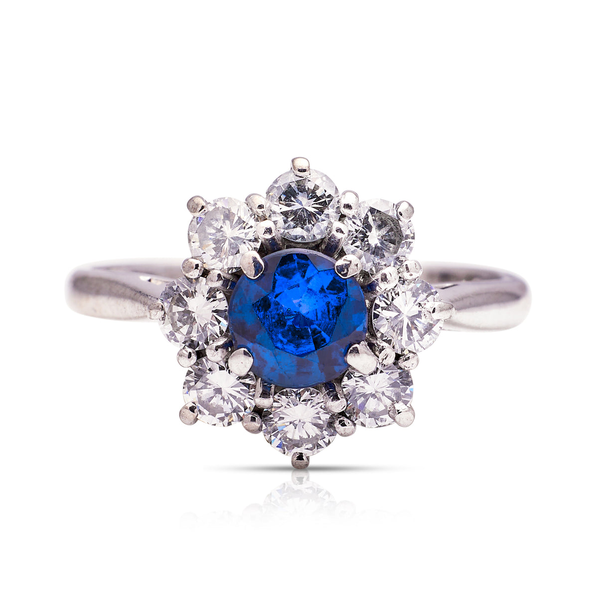 sapphire and diamond cluster engagement ring, front view. 