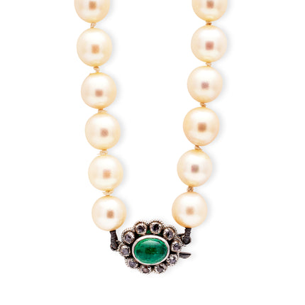 Art Deco | Cabochon Emerald and Diamond Pearl Necklace