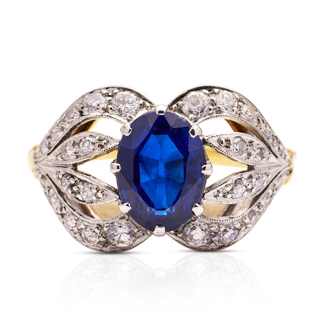 Art Nouveau, sapphire and diamond ring, front view.