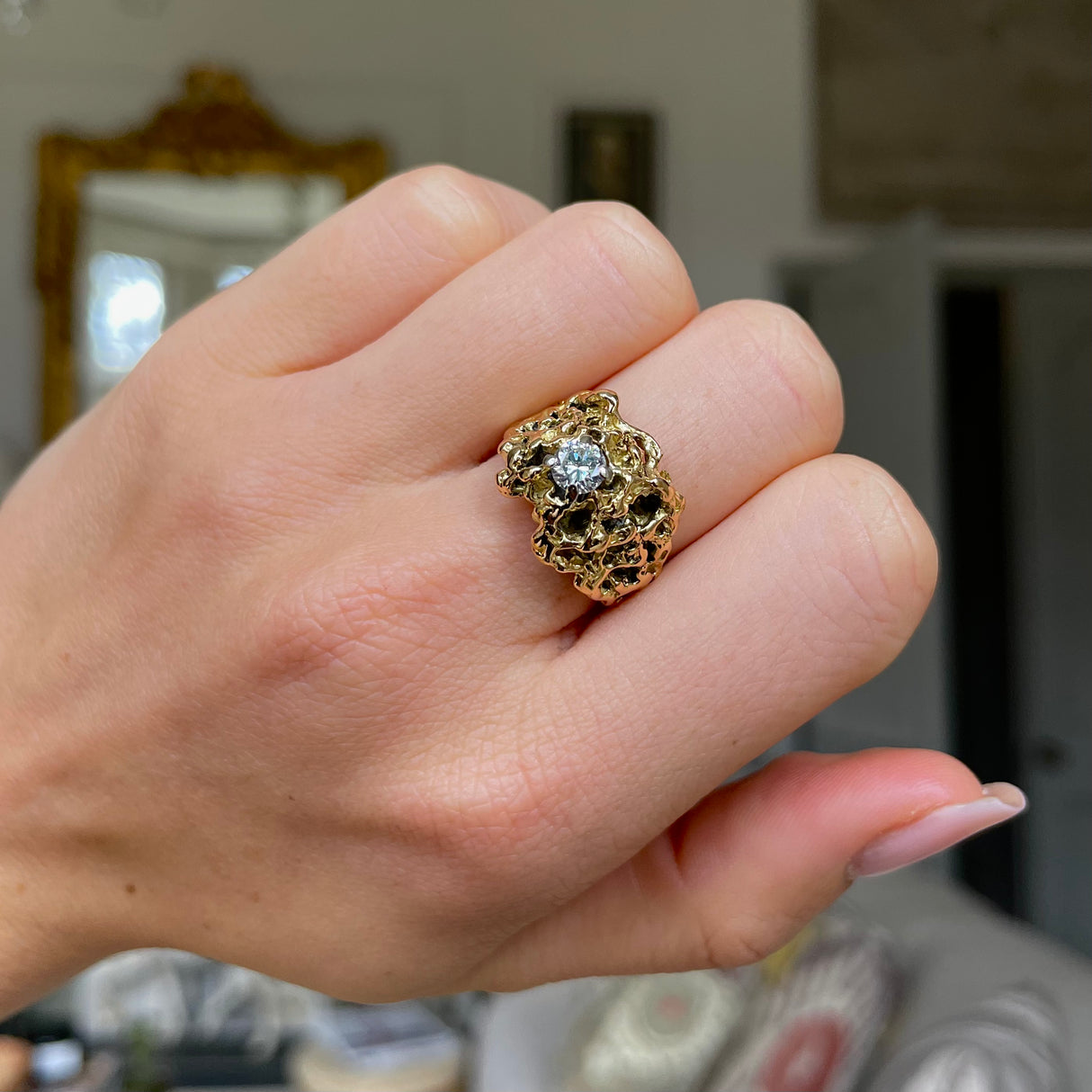 Vintage textured 18ct yellow gold nugget diamond ring, worn on hand.