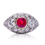 Belle-Époque-Antique-Ruby-Platinum-Diamond-Bombé-Ring-Millegrain-Vintage-Jewellery-Boutique