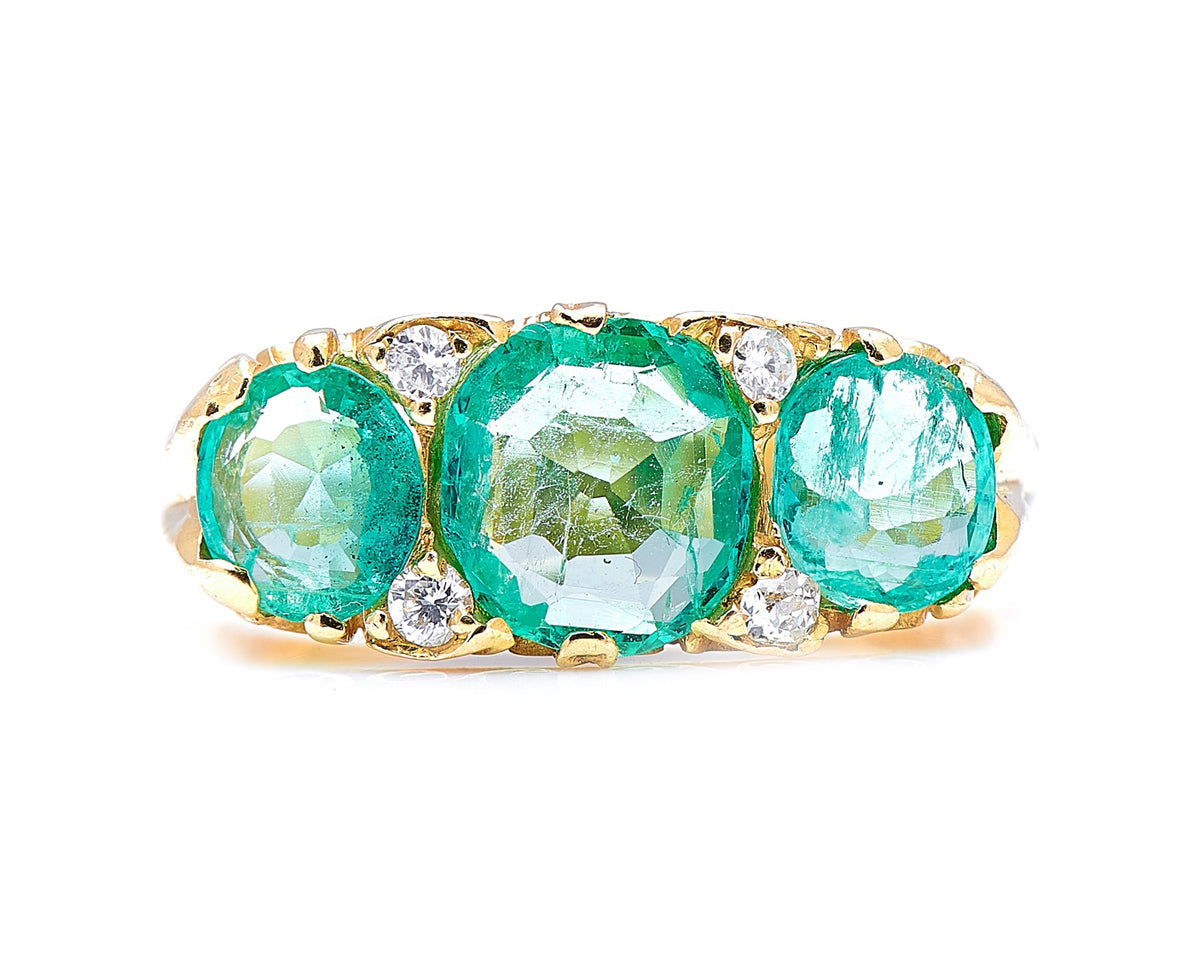 Vintage, 18ct Gold, Colombian Emerald and Diamond Three-Stone Ring Antique Ring Boutique | Untreated Gemstone Rings | Antique Rings | Antique Jewellery Company |  | Art Deco | Vintage Jewelry | Antique Engagement Rings | Art Deco Rings | Antique Rings | Antique Jewellery Company | Antique Jewelry | Vintage Jewellery