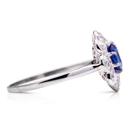 1920s Art Deco Sapphire & Diamond Cluster Engagement Ring, Platinum