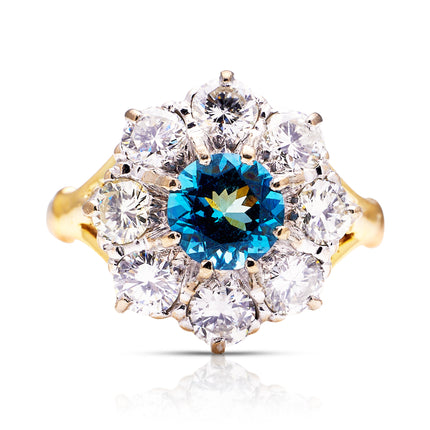 Aquamarine-Cluster-Ring-Diamonds-18ct-Gold-Engagement-Round-Cut-Treasure-Antique