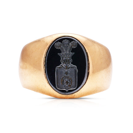 Signet-Ring-Hematite-Vintage-Jewellery-Antique-Engagement-Unisex-Engraving-Crest-Of-Arms