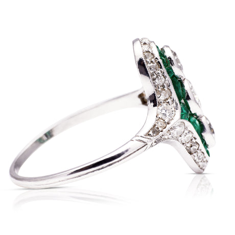 Antique emerald |  Art Deco emerald & diamond ring, platinum