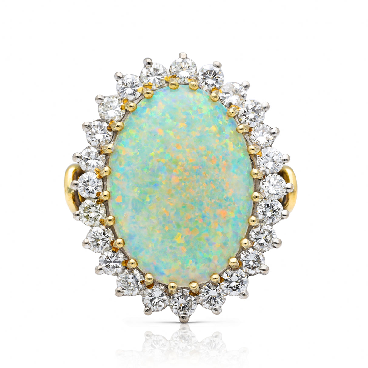 Vintage white Australian opal and diamond ring, front view. 