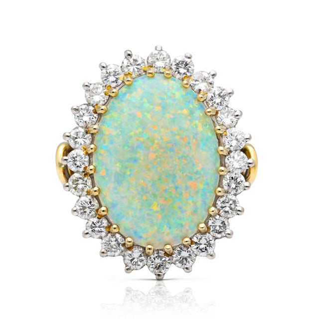 Vintage white Australian opal and diamond ring, front view. 