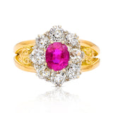 Edwardian oval Burmese pink sapphire & diamond engagement cluster ring