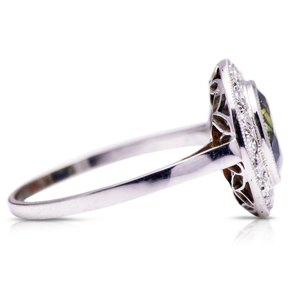 Art Deco | Platinum, Green-Yellow Sapphire and Diamond Ring