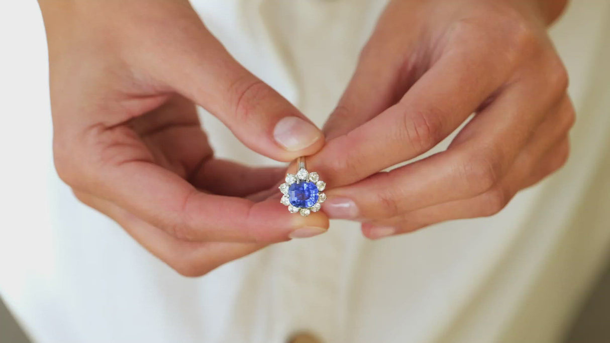 Mid century, platinum, cornflower blue sapphire and diamond cluster ring