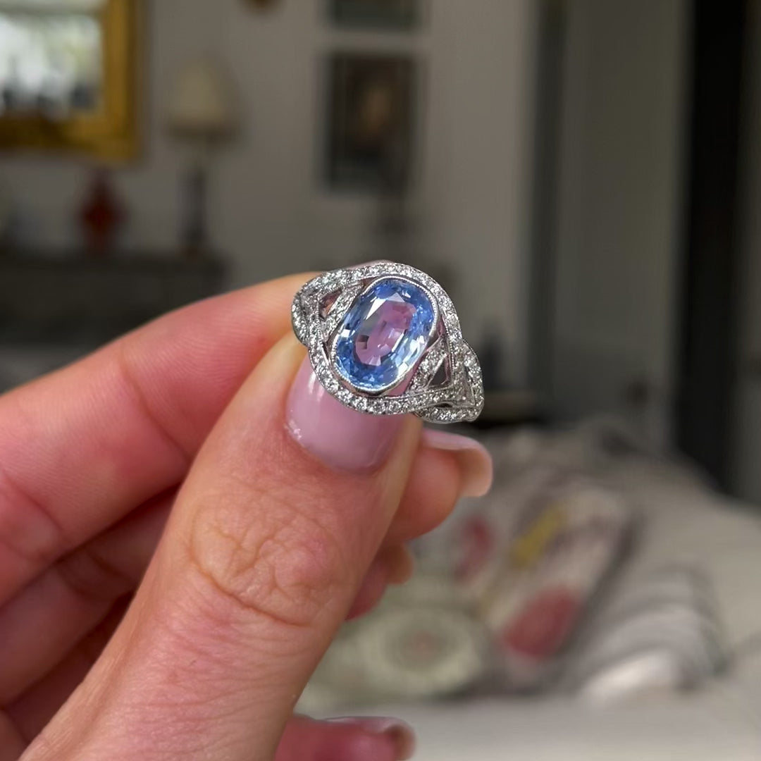 Vintage ceylon sapphire & diamond engagement ring, 18ct white gold