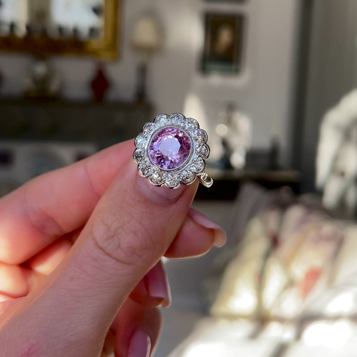 Pink Sapphire and Diamond Cluster Ring, 18ct White Gold