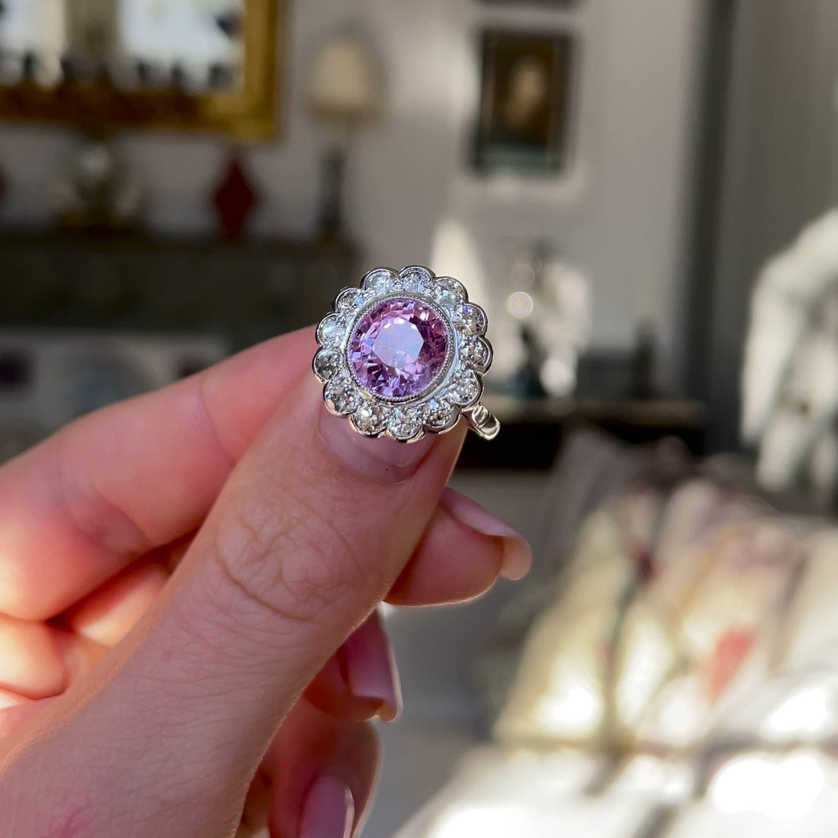 Pink sapphire & diamond cluster ring