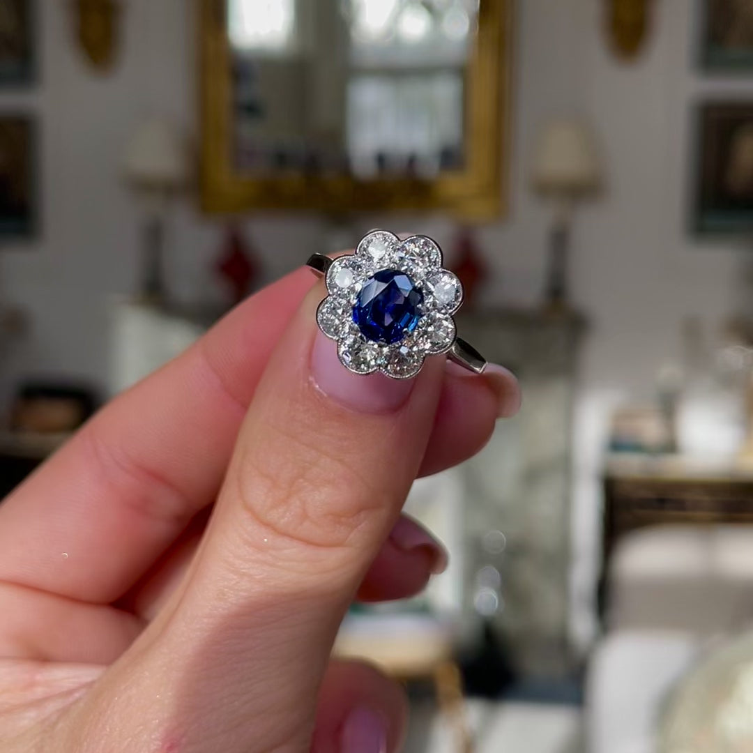 1920s Art Deco Sapphire & Diamond Cluster Engagement Ring, Platinum